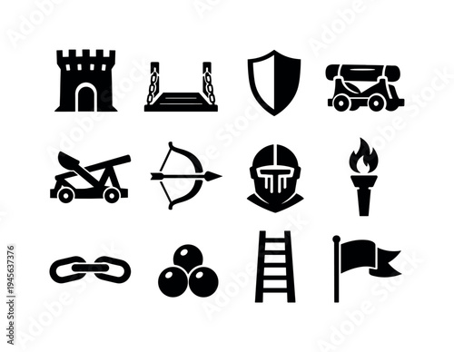 Medieval warfare icons collection: castle, cannon, bow, shield, and more. A set of black silhouette icons representing medieval combat and siege elements, including a castle tower