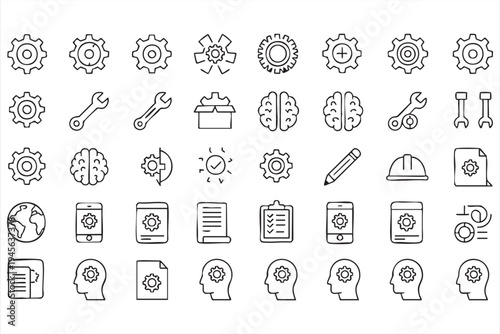 Settings gear automation icon set with tools and system configuration symbols