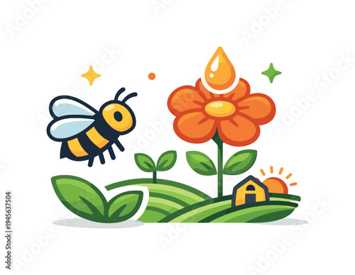 Bee flying towards a flower with a drop of honey and a farm at sunrise. A cute cartoon bee flies over rolling green hills towards a vibrant orange flower with a golden honey drop