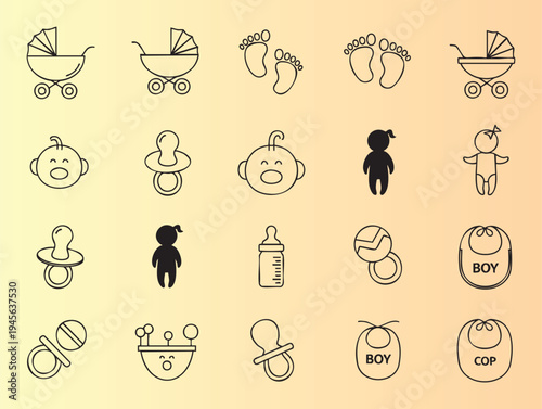 Cute baby icons set with strollers pacifiers and footprints