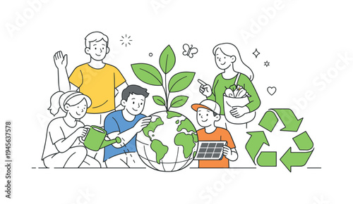Family caring for the Earth with renewable energy and recycling symbols. A diverse group of people, including children and adults, actively participating in environmental