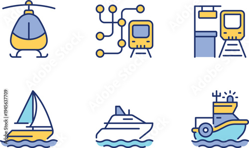 Illustrations of various transportation and communication vehicles