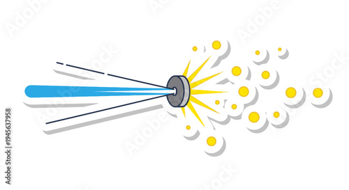 Abstract illustration of a blue laser beam hitting a target and creating a burst of yellow particles and light