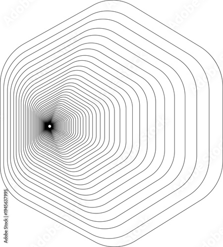This abstract geometric hexagon icon features a striking optical illusion created by multiple concentric lines arranged in a smooth, repeating pattern , product packaging, and decorative design