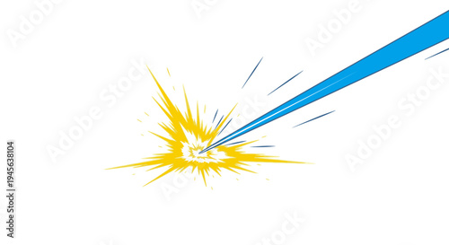 Bright blue laser beam hitting a yellow explosion with white background, representing impact and energy
