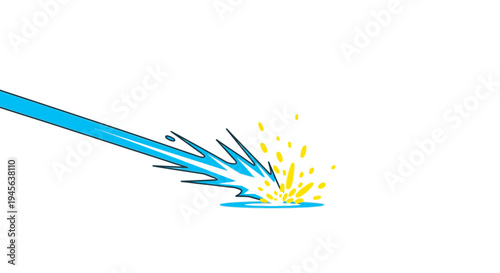 Blue laser beam hitting a surface, creating a bright yellow explosion and sparks, graphic resource