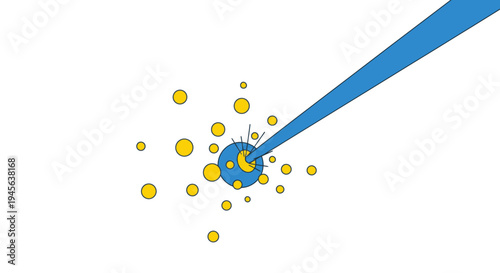Abstract illustration of a blue energy beam impacting a central blue sphere, surrounded by numerous yellow particles, symbolizing focus, impact, and interaction.