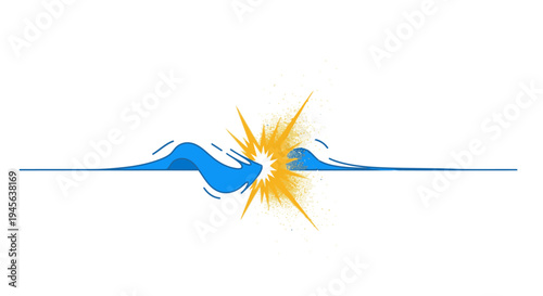 Abstract illustration of a wave collision with a bright explosion and sunburst effect on a white background