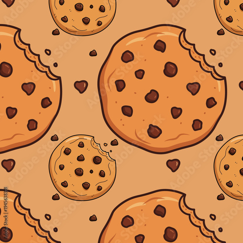Delicious seamless pattern of chocolate chip cookies. Features whole and bitten treats, creating a warm, inviting background texture for pure indulgence and culinary joy