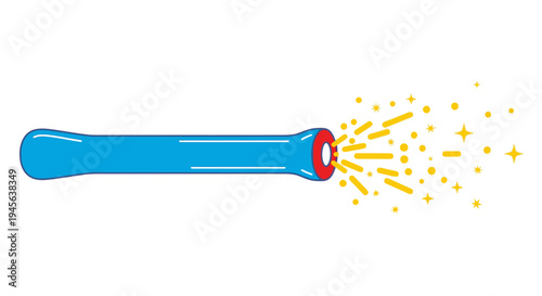 Bright blue cartoon flashlight emitting a stream of golden sparks and light on a white background