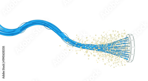 Abstract blue data stream flowing through a futuristic nozzle, dispersing information particles, symbolizing technology, communication, and data processing.