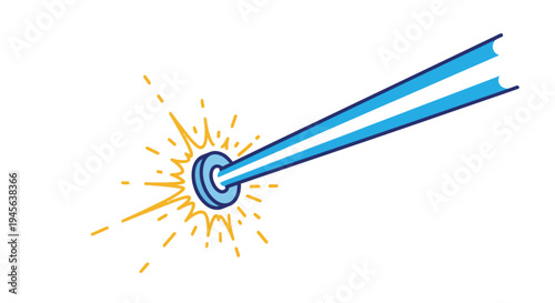 Vibrant blue laser beam illustration, emanating from a small device with energetic light bursts, symbolizing advanced technology and scientific precision.