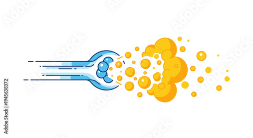 Abstract illustration of a blue stream with bubbles transforming into a vibrant yellow cloud of particles, symbolizing energy, reaction, or emission process.