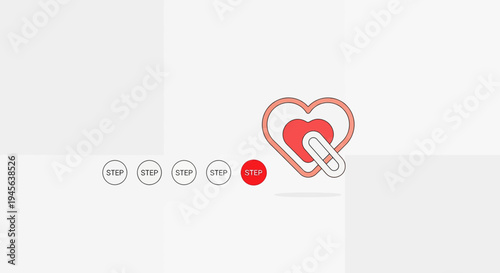 Red Heart Icon with Link Symbol and Step Indicators on White Background
