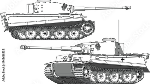 Detailed technical illustration of German Tiger I tank from World War II showing side and front views, turret gun, armor design, tracks, and suspension system.
