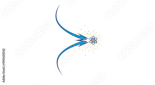 Abstract representation of atomic fusion or particle collision with glowing particles and arrows on a white background