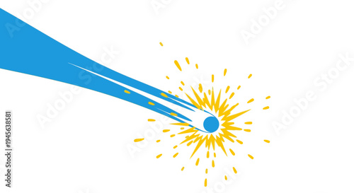 Abstract blue comet or meteor streaking through space leaving a trail of golden sparks and light on white background