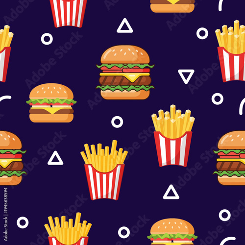 Vibrant seamless fast food pattern featuring juicy cheeseburgers and crispy golden French fries, ideal for restaurant branding, snack bar backgrounds, menu designs, or playful textile prints