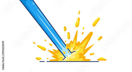 Blue laser beam hitting a surface creating a bright orange explosion and sparks, abstract graphic illustration