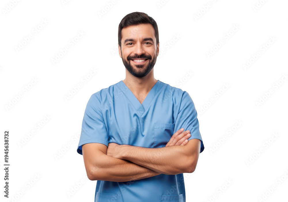 Obraz premium Confident man with arms crossed wearing a blue shirt and smiling isolated on transparent background,png,PNG