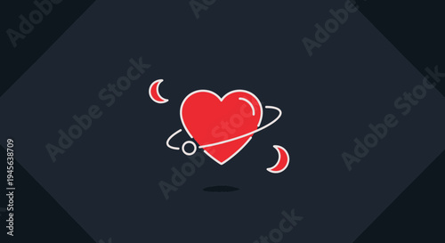 Red Heart Icon with Moon and Orbit on Dark Background