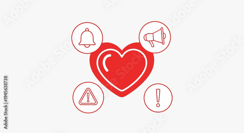 Red Heart Icon with Notification and Alert Symbols, Love Message Concept