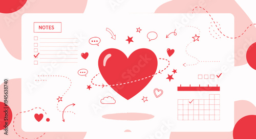 Red Heart Icon with Notes and Calendar Elements on White Background