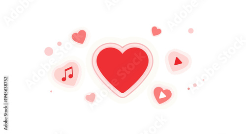 Red Heart Icon with Music and Play Symbols, Romantic Love Concept