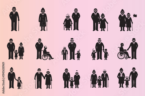 Elderly people and family icons in various situations and activities