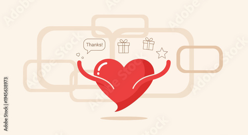 Red Heart Icon with Open Arms, Gifts, Star and Thanks Speech Bubble