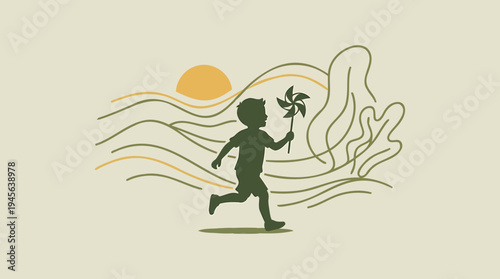 Joyful young child running with a spinning pinwheel against a warm, abstract nature background, symbolizing freedom and playful childhood adventures