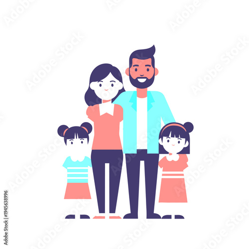 Happy modern family illustration with parents and two young daughters standing together, symbolizing love, care, and unity.