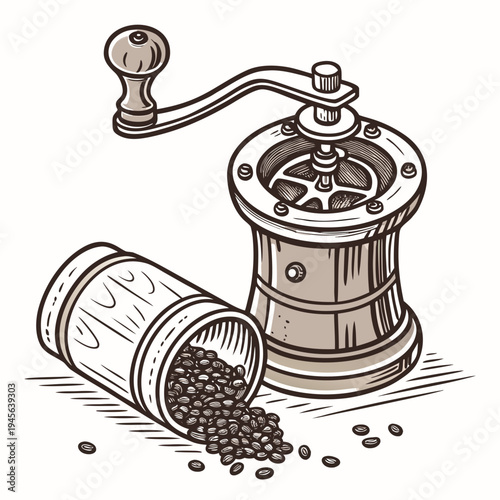 Vintage coffee grinder with coffee beans on white background kitchen