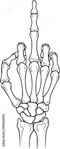 Solid black silhouette of a skeletal hand middle finger gesture, edgy gothic and punk rebellion vector illustration isolated on white.