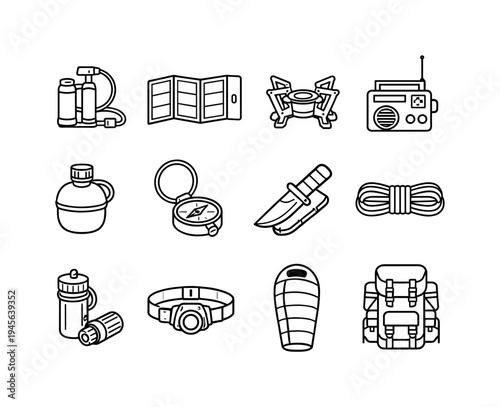 Camping and hiking gear icons for outdoor adventure and survival. A collection of essential equipment for camping, hiking, and wilderness exploration, presented as clean line art