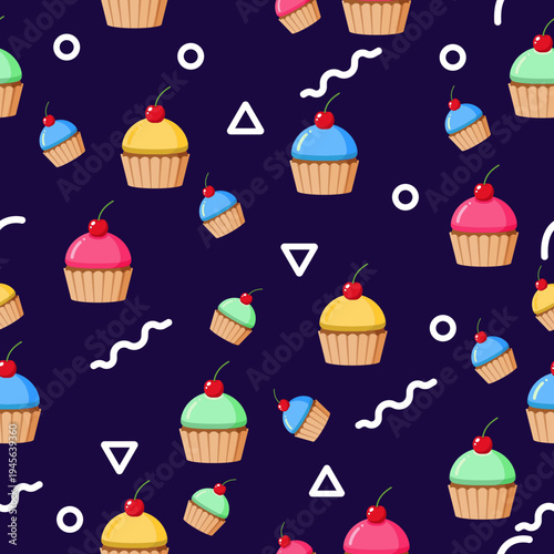 Vibrant and Playful Seamless Pattern with Delicious Cupcakes and Geometric Shapes on a Dark blue Background, Perfect for Sweet Dessert Themes and Celebrations