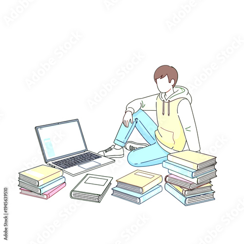 Young adult studying remotely with laptop and books. Online education, distance learning, and freelance work illustration.
