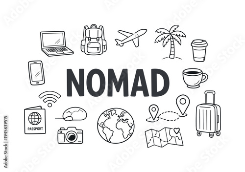 Digital nomad lifestyle icons and the word nomad in bold letters. A collection of hand-drawn icons representing the digital nomad lifestyle, including a laptop, backpack, airplane