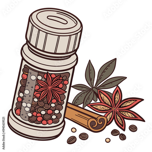 Spice jar with star anise cinnamon and coffee beans on white background