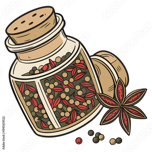 Spicy peppercorn jar with chili peppers and star anise on white background