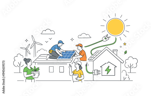 A group of residents installing renewable energy solutions in their neighborhood to reduce environmental impact and support sustainable living practices, visual metaphor of a house connected
