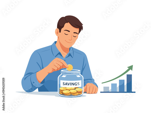 Man happily putting coin into savings jar next to growing financial chart. A man with closed eyes smiles as he deposits a coin into a glass jar labeled savings, with a bar graph