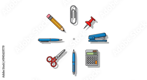 A diverse collection of standard office supplies is creatively arranged in a circular display