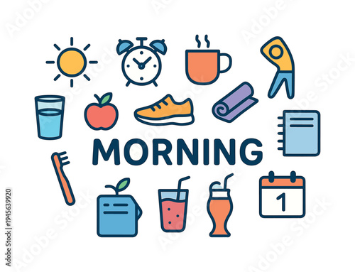 Morning routine icons representing healthy habits and daily activities. A collection of colorful flat icons illustrating a healthy morning routine, including exercise, nutrition