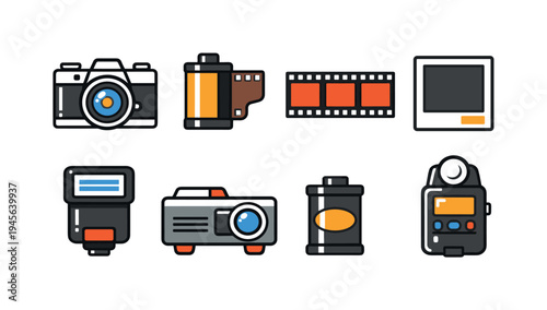 Retro photography icons set with camera, film, and flash. A collection of vintage camera equipment icons including a film roll, projector, and light meter, presented in a clean