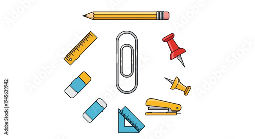 A collection of office supplies including a pencil, erasers, rulers, a clip, push pins, a stapler, and a triangle ruler arranged in a circle