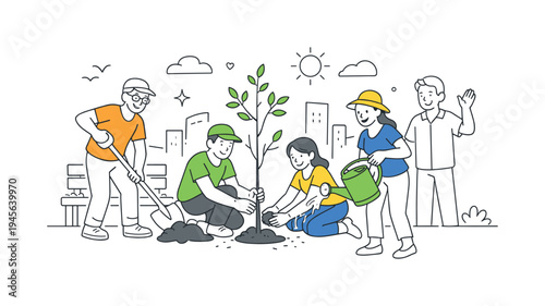 Community members planting a tree together in a city park on a sunny day. A diverse group of people collaborates to plant a young tree, symbolizing environmental care and urban