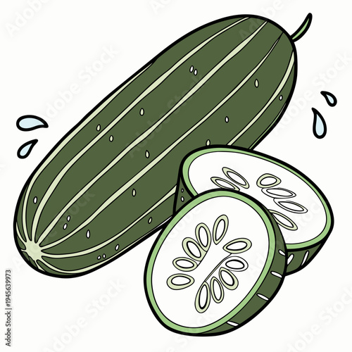Cartoon of a whole cucumber with slices and water drops green cucumber sliced cucumber