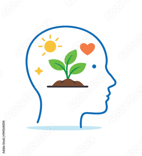 Human head silhouette with a growing plant symbolizing personal growth and positive thoughts. A stylized outline of a human head contains a vibrant green seedling emerging from