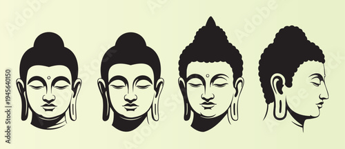 Four different buddha head illustrations in profile and frontal views